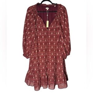 Max Studio London Dress Womens Medium Floral Boho Burgundy Long Sleeve Lined NWT